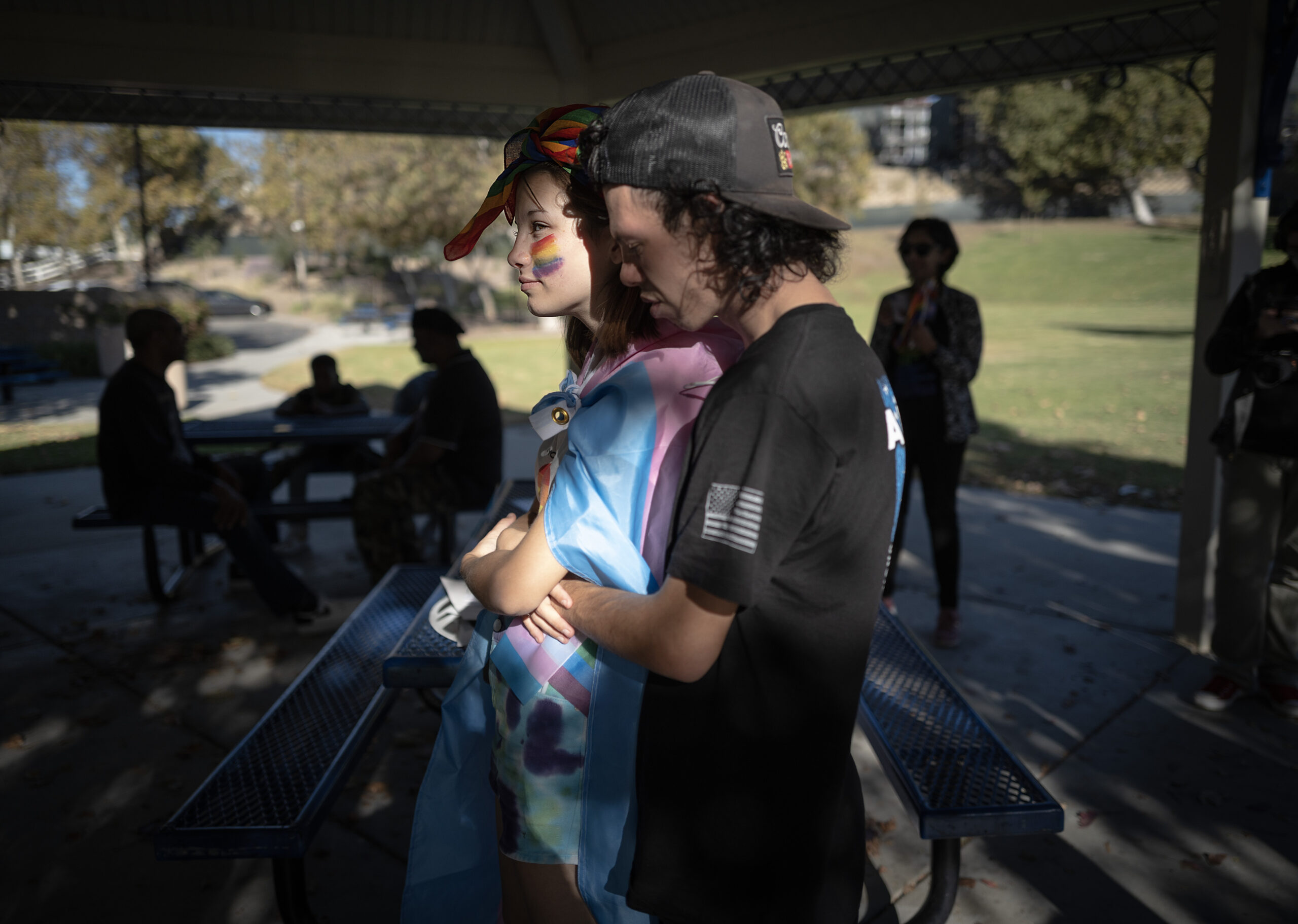 “Harvey” Wehus and her boyfriend, Liam Glover, attend the rally against homophobia in Temecula on Nov. 12.