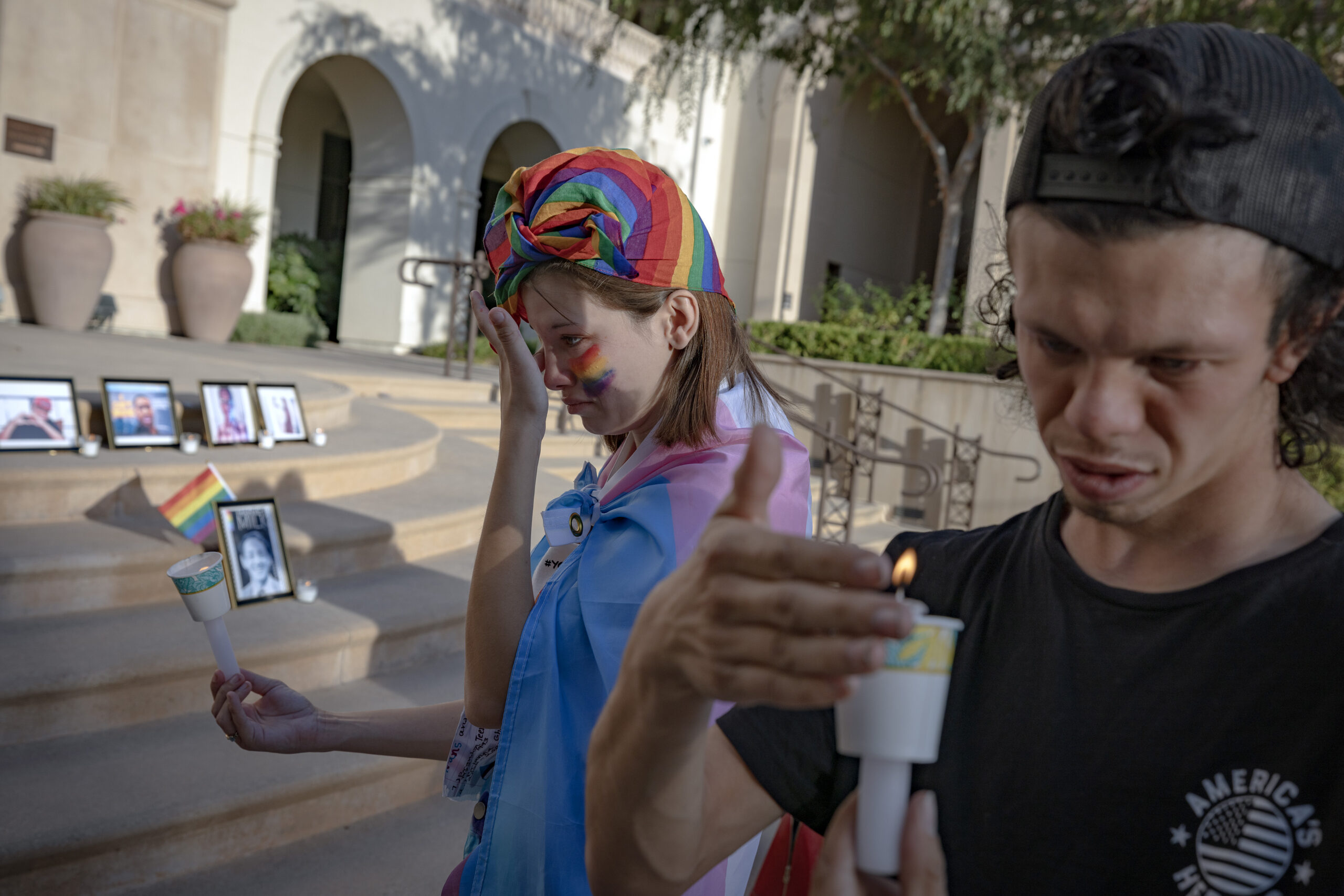 “Harvey” Wehus wipes away her tears in front of the Temecula Civic Center during a “Take a Stand” against homophobia rally she attended with her boyfriend Liam Glover.